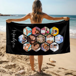 Toalha De Praia Colagem de Fotografias Múltiplas Simples Personali<br><div class="desc">Colagem de Fotografias Múltiplas Simples Nome Personalizado Hexagon Pattern Custom Beach Towel apresenta uma colagem fotográfica das suas fotografias favoritas em forma de hexágono. Personalizado com seu nome na base. Perfeito para o aniversário, Natal, Dia de as mães, Dia de os pais, Avós, irmão, irmã, melhor amigo e muito mais....</div>