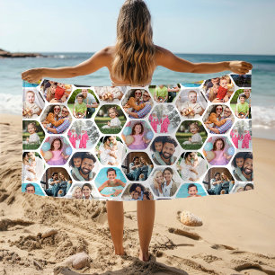 Toalha De Praia Colagem de Fotos em Hexágono Personalizada Present