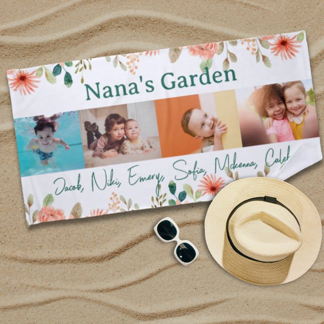 Toalha De Praia Colagem de Fotos Personalizada Nana Grandma's Gard (Personalized Photo Collage Nana Grandma's Garden Beach Towel)