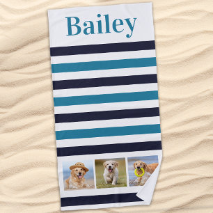 Toalha De Praia Colagem de Fotos Pet Dog 3 Aqua Blue Stripe
