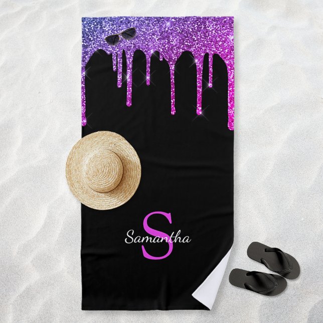 Toalha De Praia Colírio Azul Púrpura Rosa Coloca Colírio Nome do M (Pink Purple Blue Glitter Drips Black Monogram Name Beach Towel)