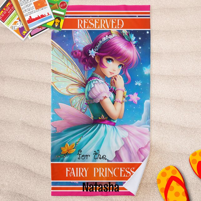 Toalha De Praia Colorida Girly Fairy Princess (Beach towel with a modern design with a fairy princess in bright colors with orange and pink stripes)