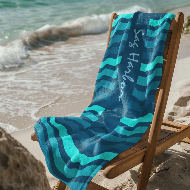 Toalha de praia com distribuição azul personalizad (Custom Text on Blue Stripped Beach Towel)