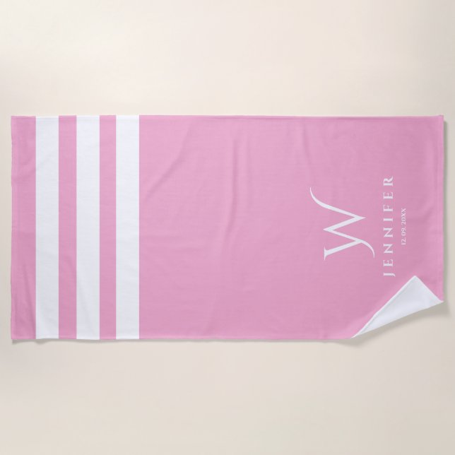 Toalha de Praia com Listras Rosa Personalizadas (Frente)