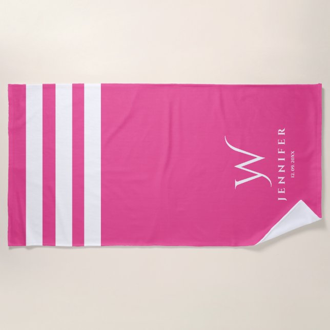 Toalha de Praia com Listras Rosa Personalizadas (Frente)