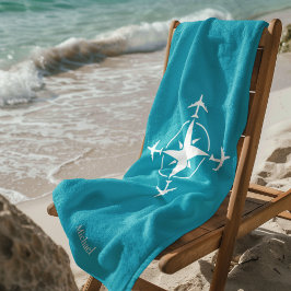 Toalha De Praia Compass Avião Viagem Azul Simples Personalizado