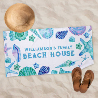 Toalha De Praia Conchas e Starfish Family Beach House Watercolor