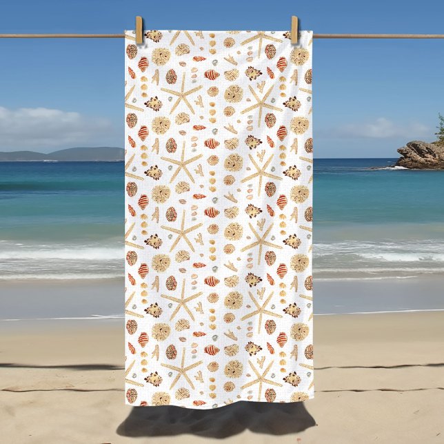 Toalha De Praia Conchas em Aquarela (Watercolor seashells pattern beach towel.)