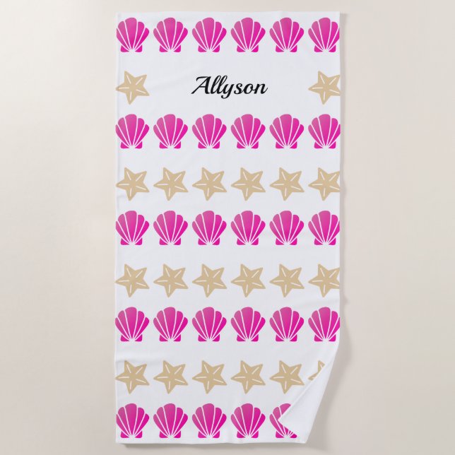 Toalha De Praia Conchas marítimas e Starfish, nome do script preto (Frente)