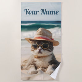 Toalha De Praia Coole Katze am Strand mit Sonnenbrille und Hut -