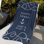 Toalha De Praia Coordenadas personalizadas da Casa de Praia<br><div class="desc">Comemore a vida na praia neste verão com esta linda toalha de praia personalizada costeira, com cartazes de máquina de escrever e uma ilustração náutica de âncora. "Beach House" ou sua escolha de texto personalizado aparece junto com as coordenadas de latitude e longitude de sua casa. Corda náutica detalhando completa...</div>