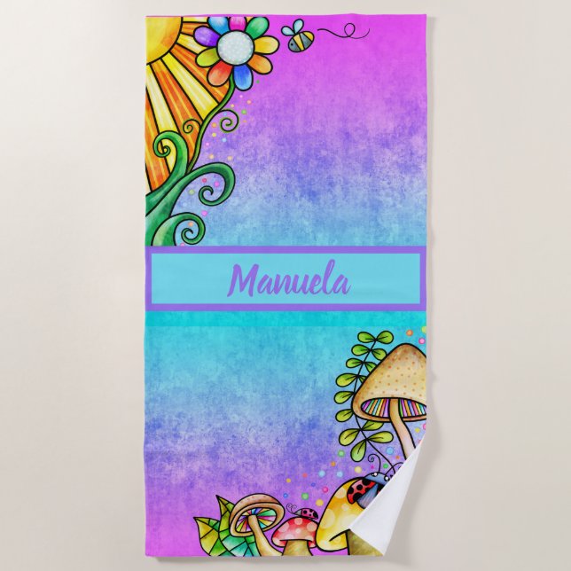 Toalha De Praia Cor Azul-Rosa Quente com Dodores Solares (Frente)