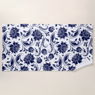 Toalha De Praia Cor damasco floral azul marinha elegante