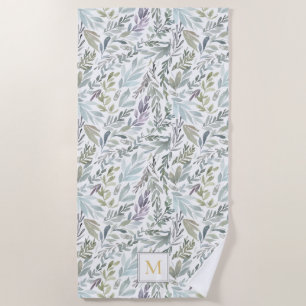 Toalha De Praia Cor de Água Botânica Verde Monograma Elegante