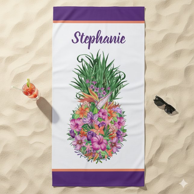 Toalha De Praia Cor de Aquarela Tropical Personalizada (Personalized Tropical Floral Pineapple Watercolor Beach Towel)