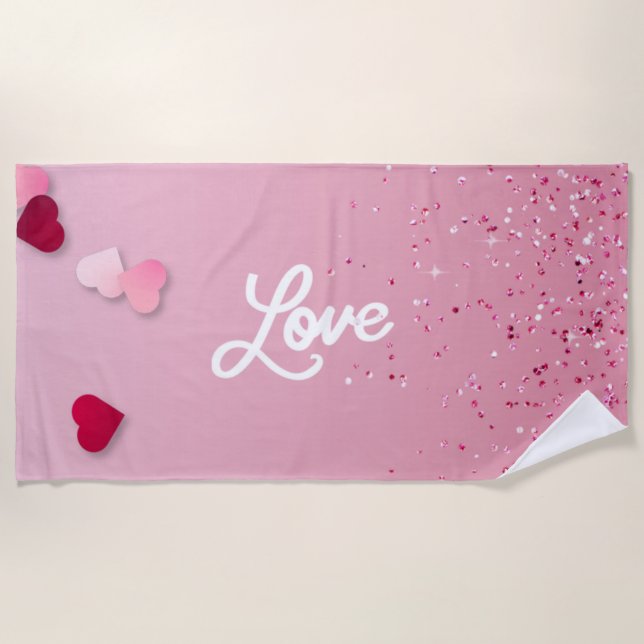 Toalha de Praia Coração de Amor Rosa  (Frente)