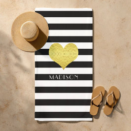 Toalha De Praia Coração Dourado Elegante Nome Listras Pretas e Bra