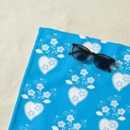 Toalha De Praia Coração romântico português em padrão florescente