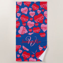 Toalha De Praia Corações Padrão XOXO Adoram Monograma Azul Rosa Ve