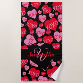 Toalha De Praia Corações Padrão XOXO Adoram Monograma Preto Rosa V