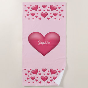Toalha De Praia Corações Rosa Com Texto Personalizável