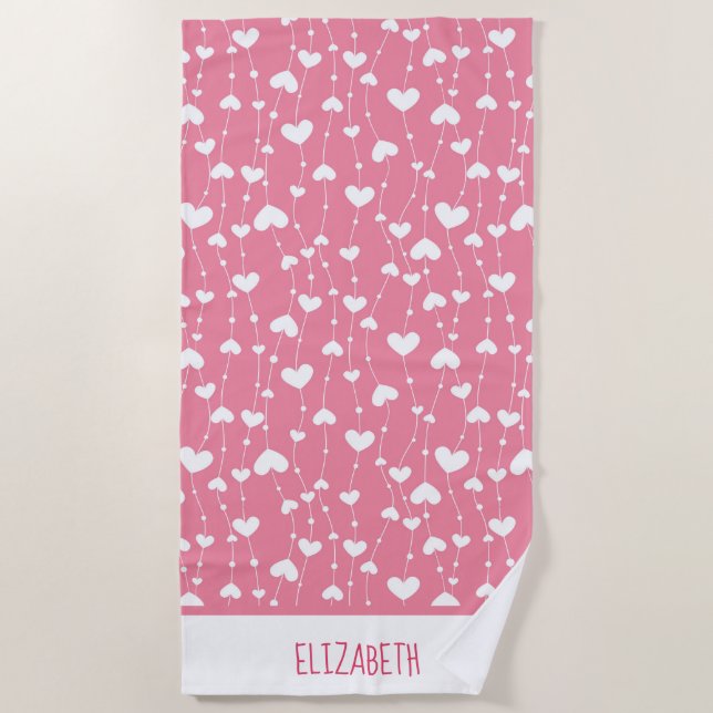 Toalha de Praia Corações Rosa e Branco Personaliza (Frente)