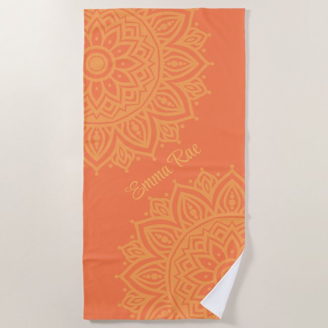 Toalha De Praia Coral & Orange Mandala Flower (Frente)