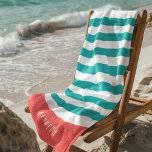 Toalha De Praia Cores Editáveis com Texto Branco Adicionar Nome<br><div class="desc">Toalha de praia em estilo náutico com um padrão de listras brancas com uma cor de fundo editável, clique no botão personalizar para acessar. Para alterar a cor da turquesa, selecione a cor de fundo e altere a cor. Para alterar a cor do coral, selecione a camada do retângulo e...</div>