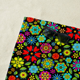 Toalha De Praia Cores Neon Em Preto Padrão Floral Retro Contínuo