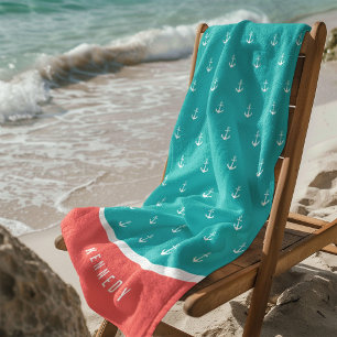 Toalha De Praia Cores Personalizadas Adicionar Nome Âncora Náutica
