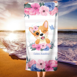 Toalha De Praia Corgi Cachorro Cachorro Flor Vermelhidão Borboleta