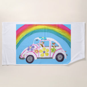 Toalha De Praia Corgis em carro hippie na praia com um arco-íris