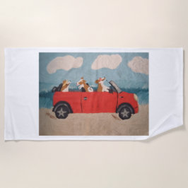 Toalha De Praia Corgis em carro vermelho na Praia