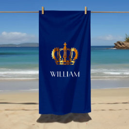 Toalha De Praia Coroa Dourada Real com Nome Azul Elegante