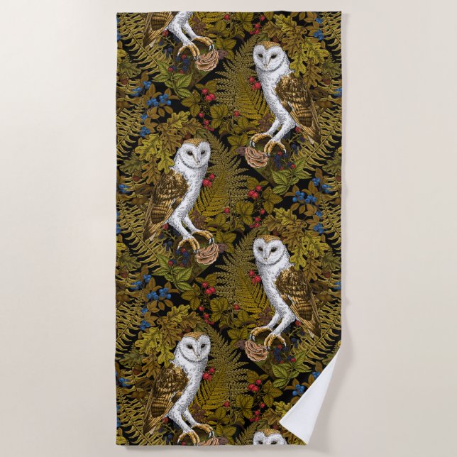 Toalha De Praia Corujas, samambaias, carvalho e bagas 2 (Frente)