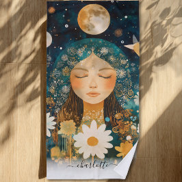 Toalha De Praia Cosmic Girl Boho Moon & Daisy Illustration Custom