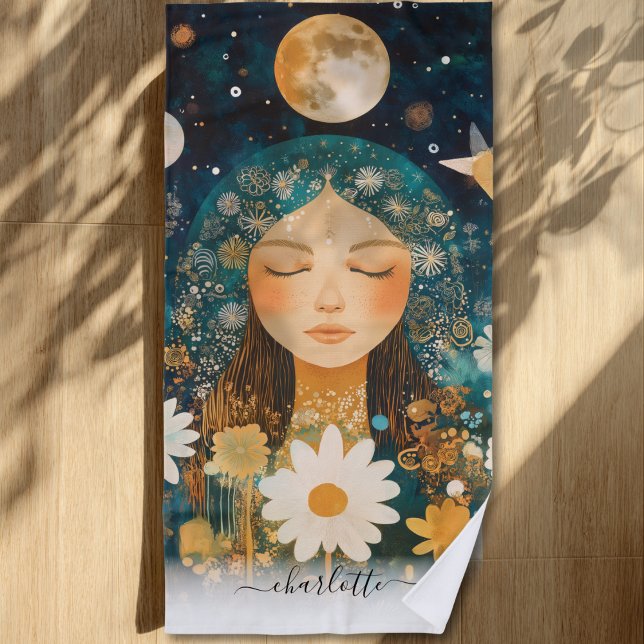 Toalha De Praia Cosmic Girl Boho Moon & Daisy Illustration Custom (Cosmic Girl Boho Moon & Daisy Illustration Custom Beach Towel)