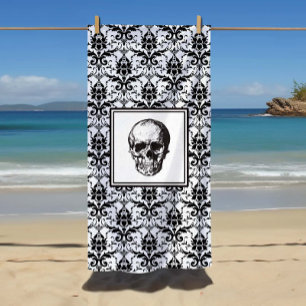 Toalha De Praia Crânio Gótico Elegante Preto E Branco