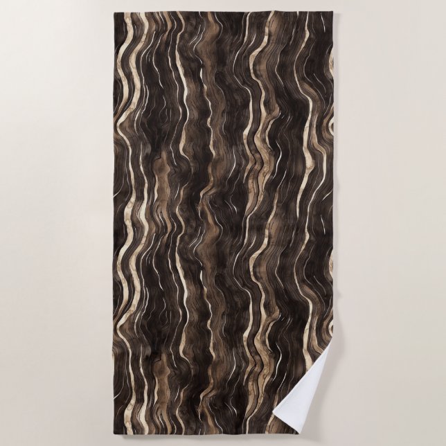 Toalha De Praia Creamy Brown Chocolate Gold Wavy Stripes  (Frente)