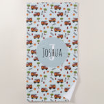 Toalha De Praia Crianças-Padrão De Caminhão Azul E Bonito<br><div class="desc">Este fofo e moderno design de toalhas de praia, de cor azul, apresenta ilustrações de bombeiros e um padrão de bombeiros, com um caminhão de bombeiros, fogo e gato numa árvore. Também há espaço para você adicionar seu nome e inicial de meninos em uma fonte simples. O dom perfeito do...</div>