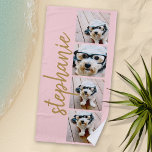Toalha De Praia Crie o Nome do Script de Colagem de Fotografias em<br><div class="desc">Colagem de fotos em um layout de fita com um enorme roteiro moderno para o nome. Use até quatro fotos de telefone quadradas ou selfie para criar um presente exclusivo e pessoal. Ou você pode ficar com o filhote hipster e fazer uma moda. Para obter melhores resultados, use fotos que...</div>