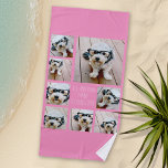 Toalha De Praia Crie uma coleção de fotos personalizada com 8 foto<br><div class="desc">Esta toalha inclui uma colagem de fotos com 8 fotos quadradas e uma caixa de texto branca. O fundo é uma cor rosa brilhante, mas você pode mudar essa cor quando clicar no link personalizar e escolher uma cor diferente. Para obter melhores resultados, use fotos que foram cortadas em quadrados...</div>