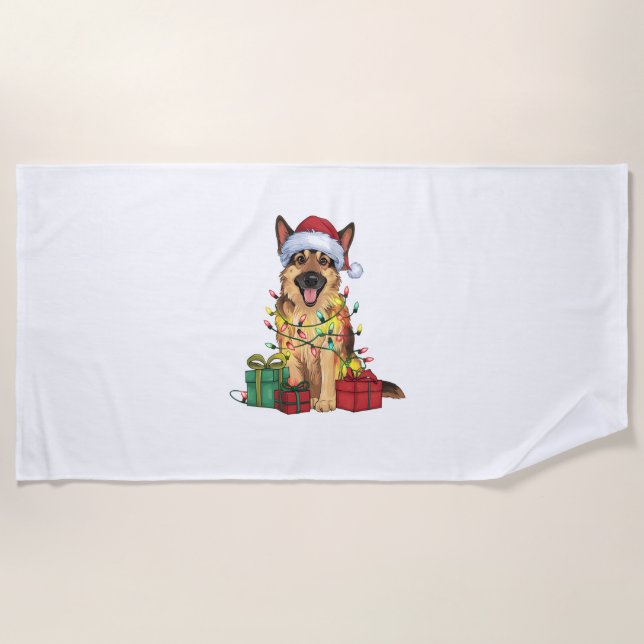 Toalha De Praia Cristo German shepherd de Cachorro Santa Hat Light (Frente)