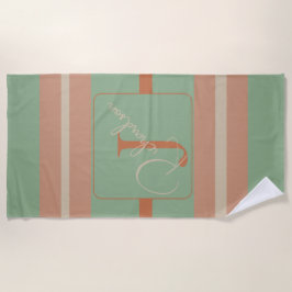 Toalha De Praia Custom Coral Sage Stripe Monogram Boho Pastel Chi