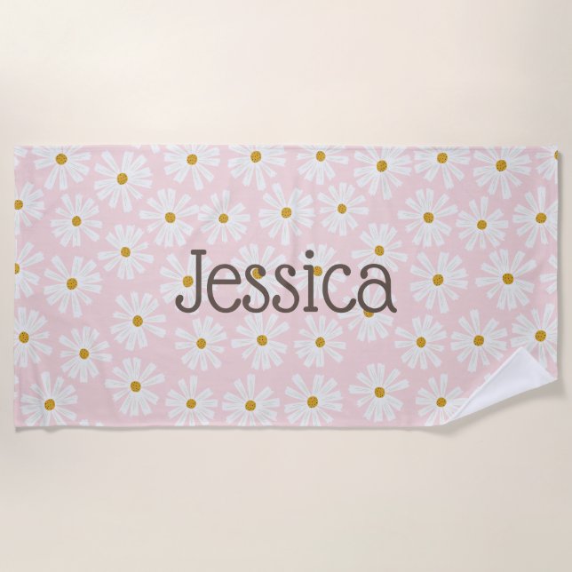 Toalha De Praia Cute Daisy Patter Custom Name Beach Towel (Frente)