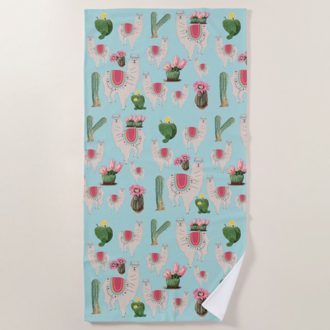 Toalha De Praia Cute Fiesta Llama & Cactus Pattern (Frente)