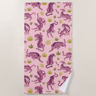 Toalha De Praia Cute Pink Tigers Tropical Leaves Abstract Animal