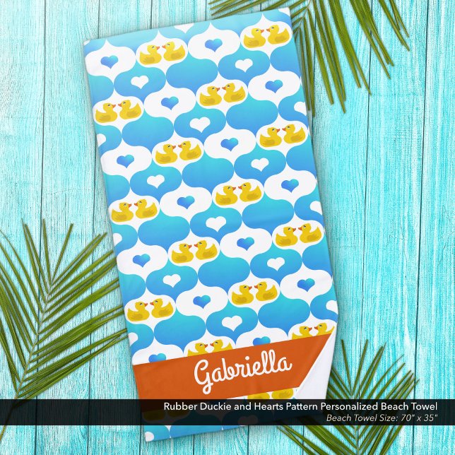 Toalha De Praia Cute Yellow Duck and Hearts Pattern Personalized (Rubber Duckie and Hearts Pattern Beach Towel–Personalized with Your Name)