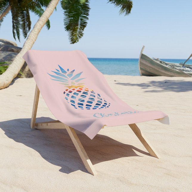 Toalha De Praia Cuz Verão Escamudo Pisca Tropical Pineapple Person (Personalized Tropical Pineapple Blush Pink Beach Towel)