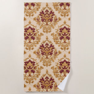 Toalha De Praia Damasco Floral Dourado Marfim